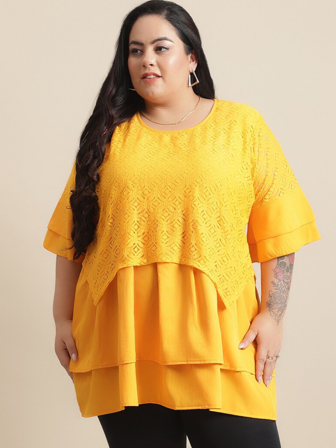 

Flambeur Plus Size Geometric Self Design Layered Detailed Top, Mustard