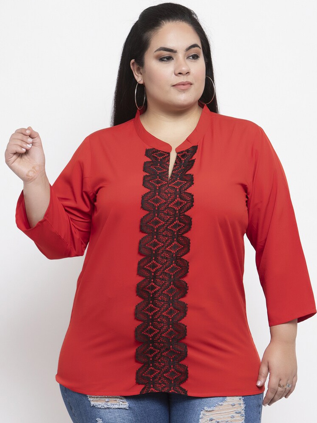 

Flambeur Mandarin Collar Lace Inserts Detailed Top, Red