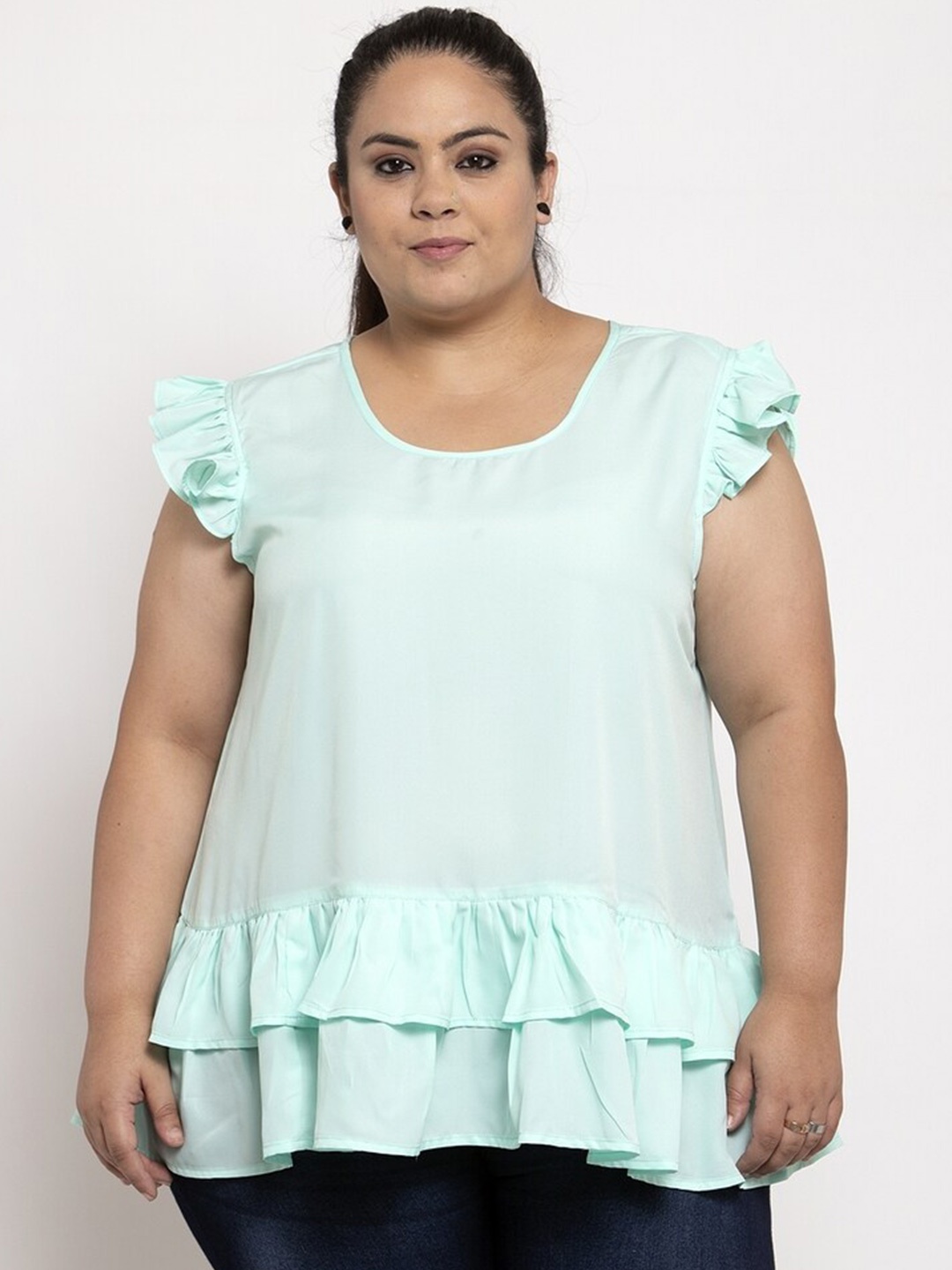 

Flambeur Plus Size Flutter Sleeves Layered Detailed Top, Blue