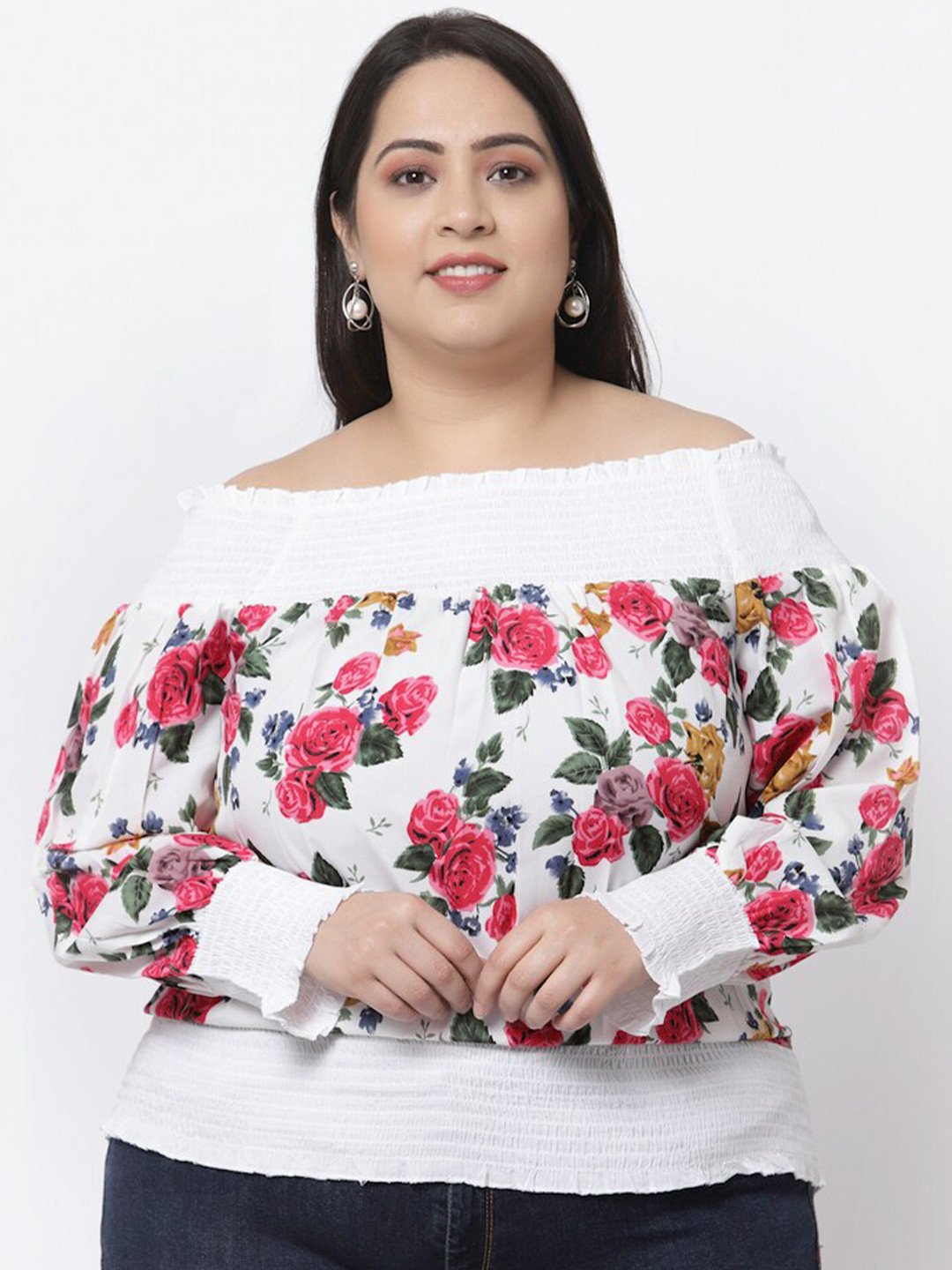 

Flambeur Floral Print Off-Shoulder Crepe Bardot Top, Multi