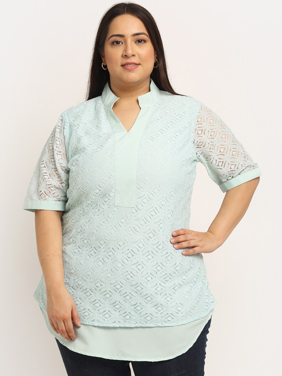 

Flambeur Plus Size Self Design Mandarin Collar Crepe Top, Blue