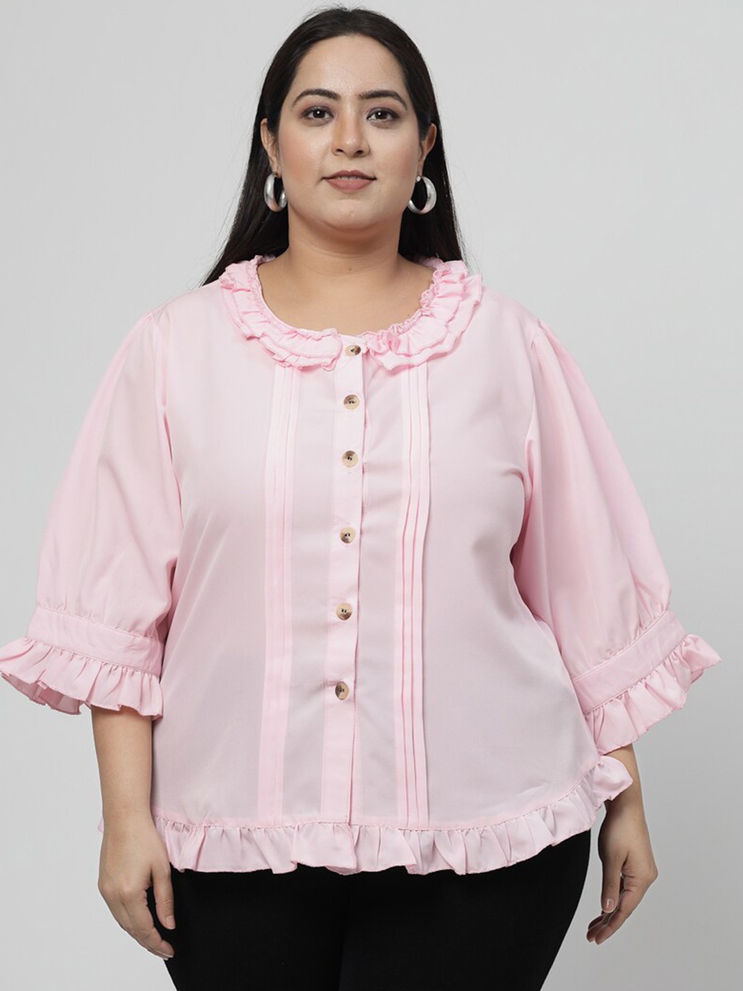 

Flambeur Plus Size Peter Pan Collar Bell Sleeve Ruffles Crepe Top, Pink