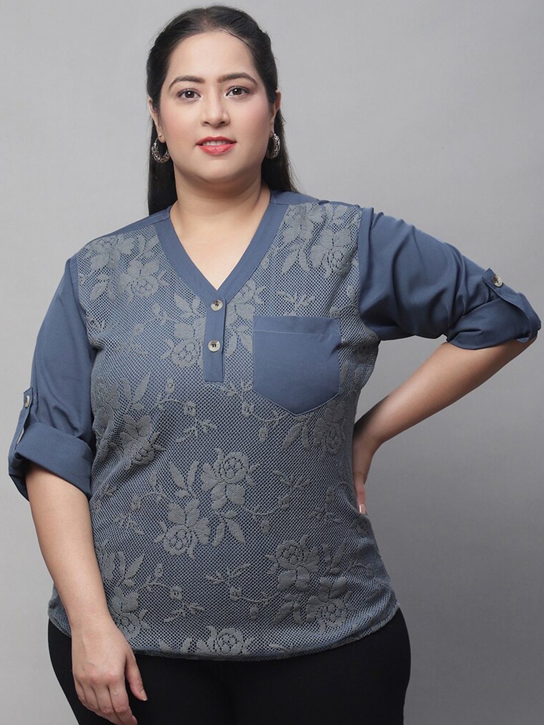 

Flambeur Plus Size Floral Printed Roll-Up Sleeves Net Top, Grey