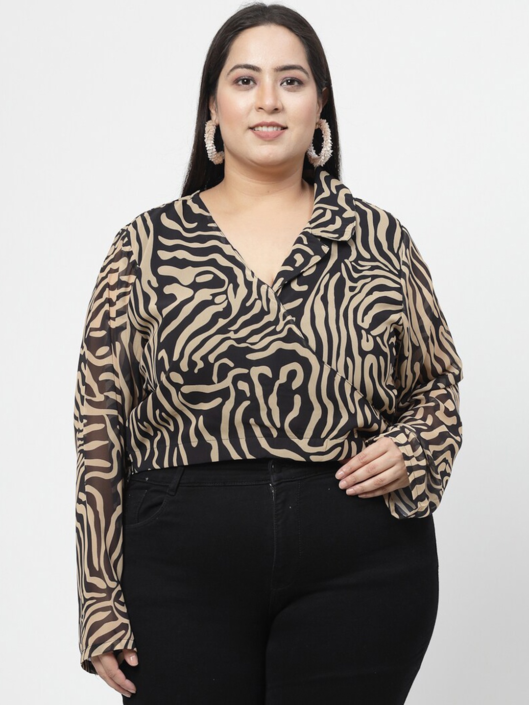 

Flambeur Plus Size Animal Printed Georgette Wrap Top, Brown