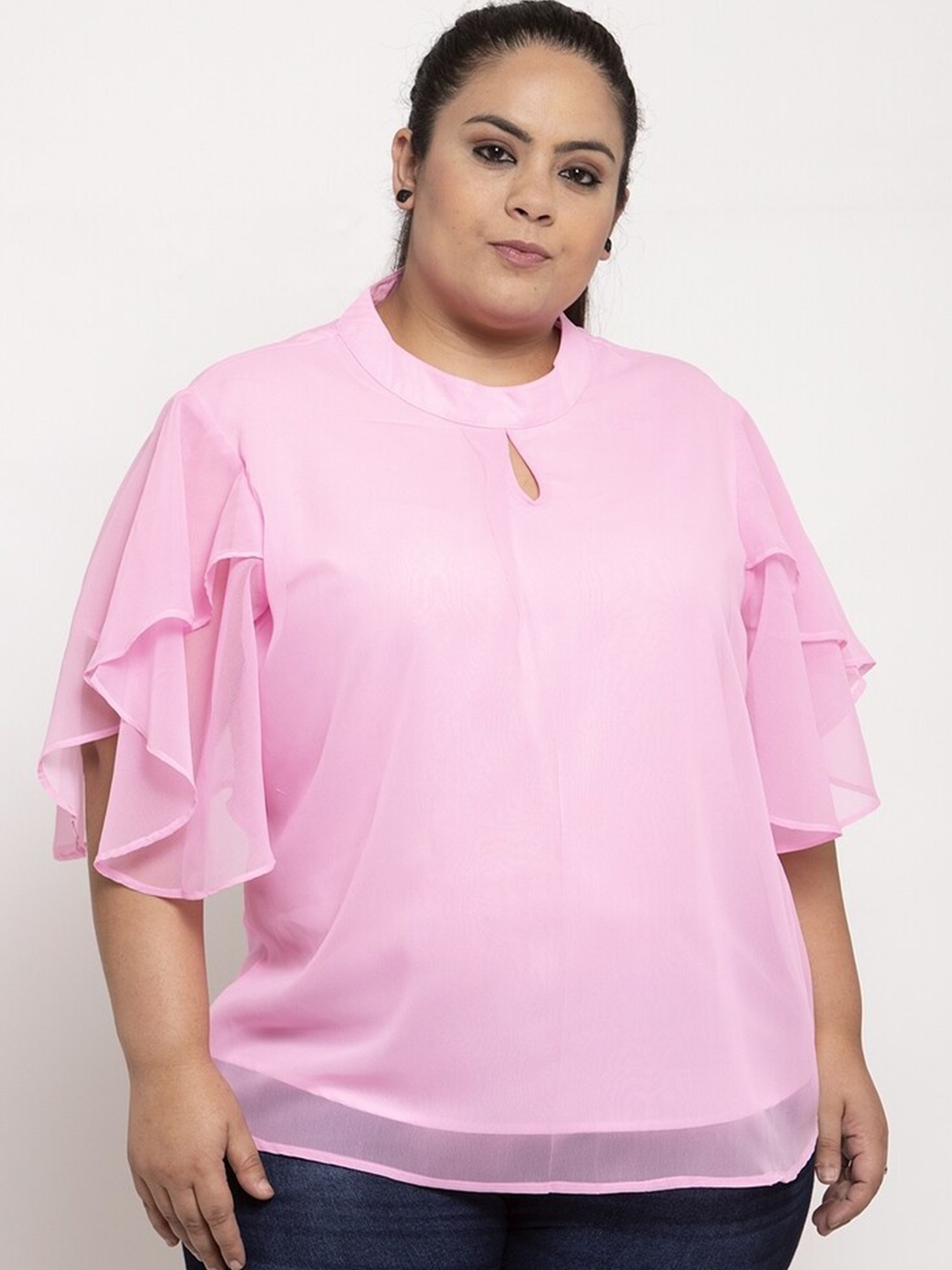 

Flambeur Plus Size Round Neck Flared Sleeve Cut Out Georgette Top, Pink