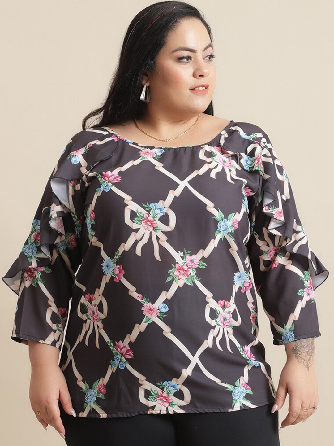 

Flambeur Plus Size Floral Printed Flared Sleeve Crepe Top, Grey