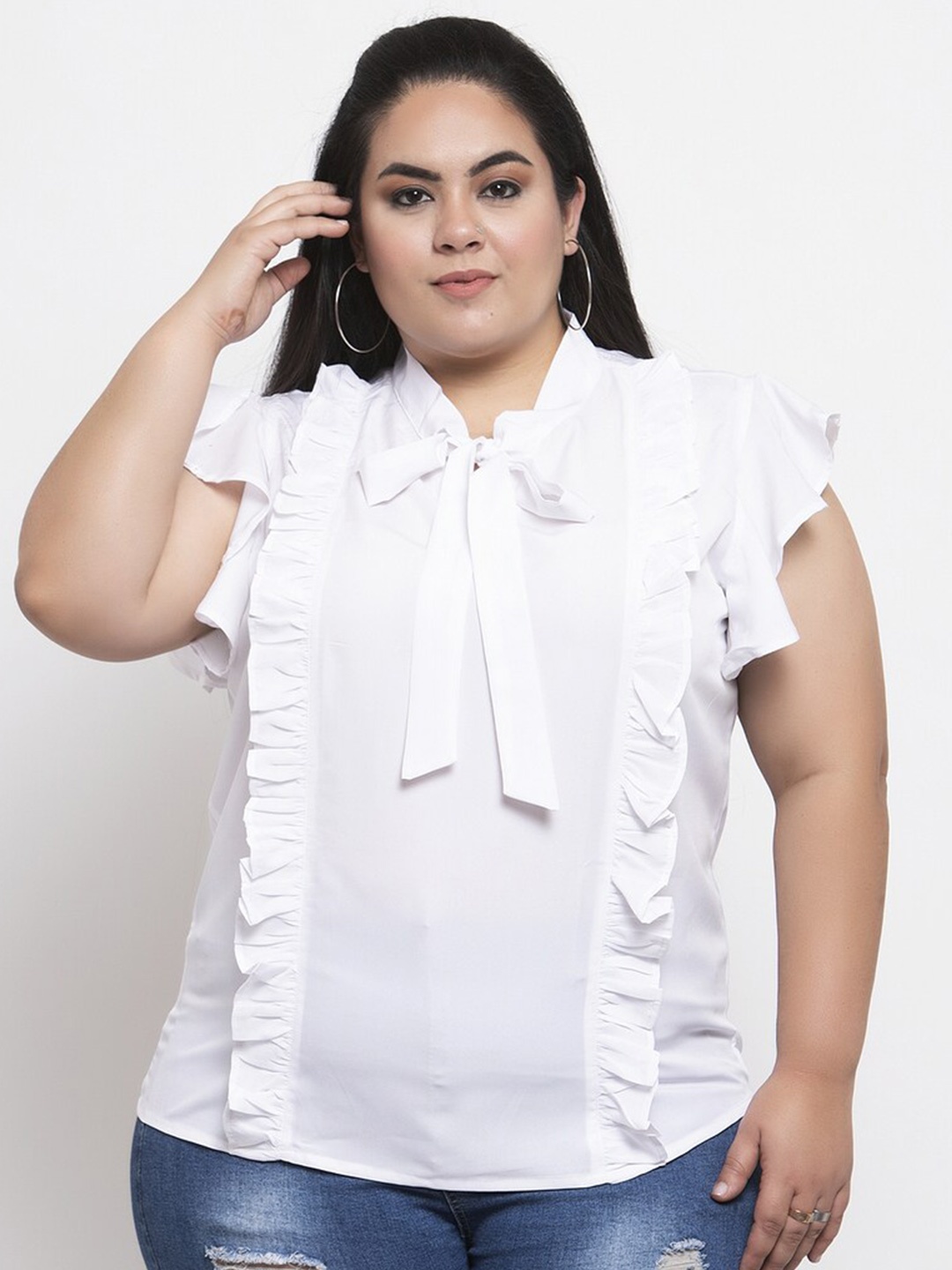 

Flambeur Plus Size Tie-Up Neck Flutter Sleeves Regular Top, White