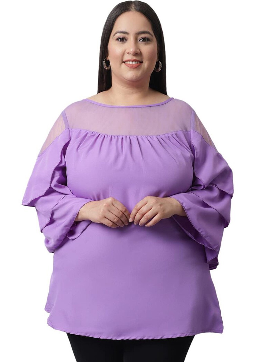 

Flambeur Plus Size Boat Neck Flared Sleeves Regular Top, Purple