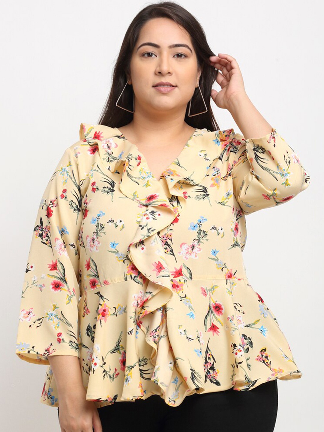 

Flambeur Plus Size Floral Printed V-Neck Three-Quarter Sleeves Peplum Top, Yellow