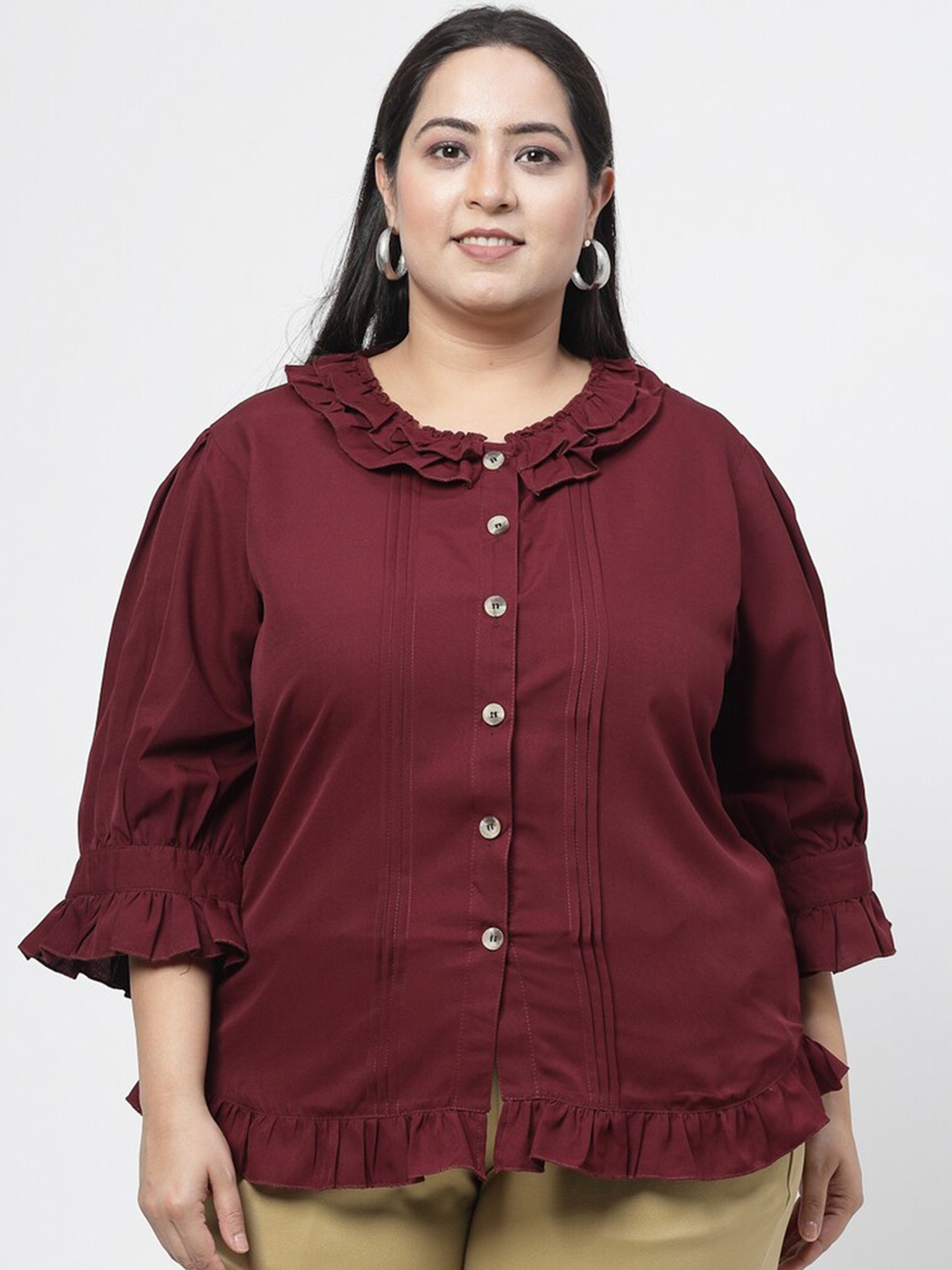 

Flambeur Plus Size Round Neck Bell Sleeves Shirt Style Top, Maroon
