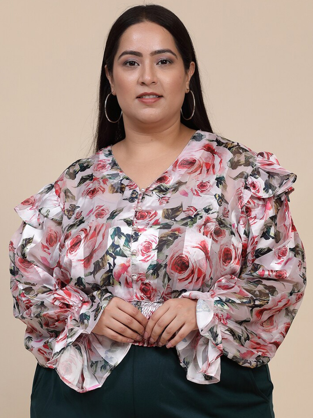 

Flambeur Floral Print Bell Sleeve Georgette Top, Multi