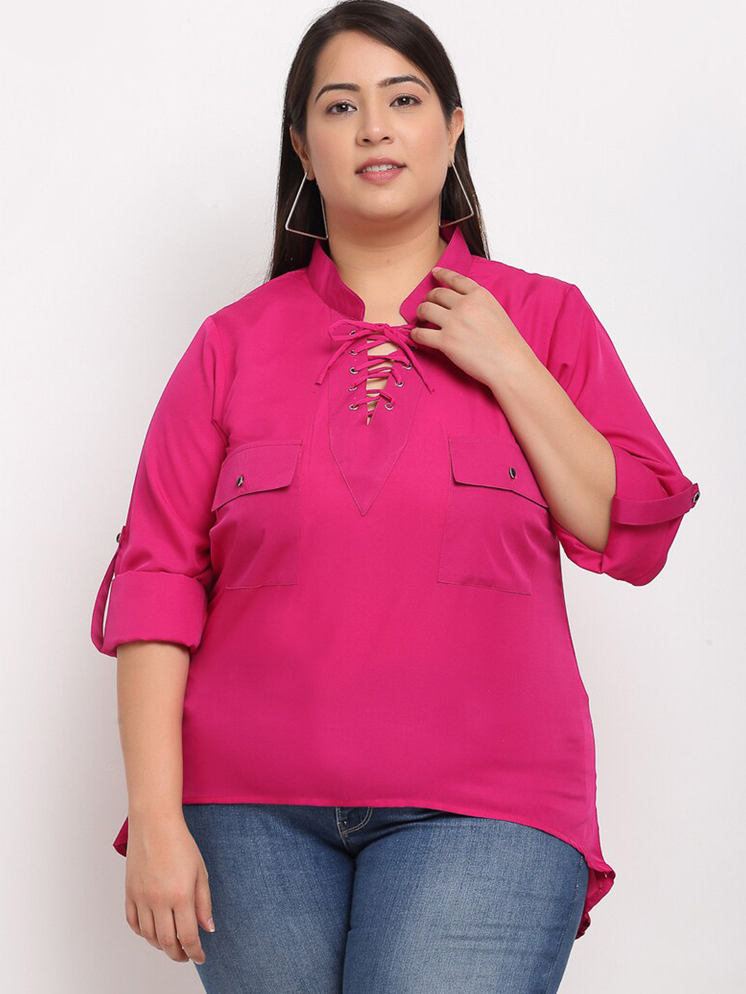 

Flambeur Tie-Up Neck Roll-Up Sleeves Crepe Top, Pink