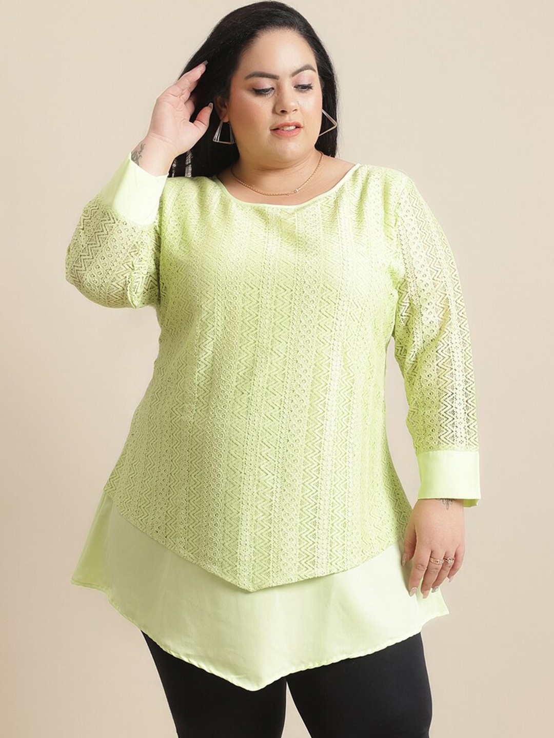 

Flambeur Plus Size Self Design Crepe Top, Green