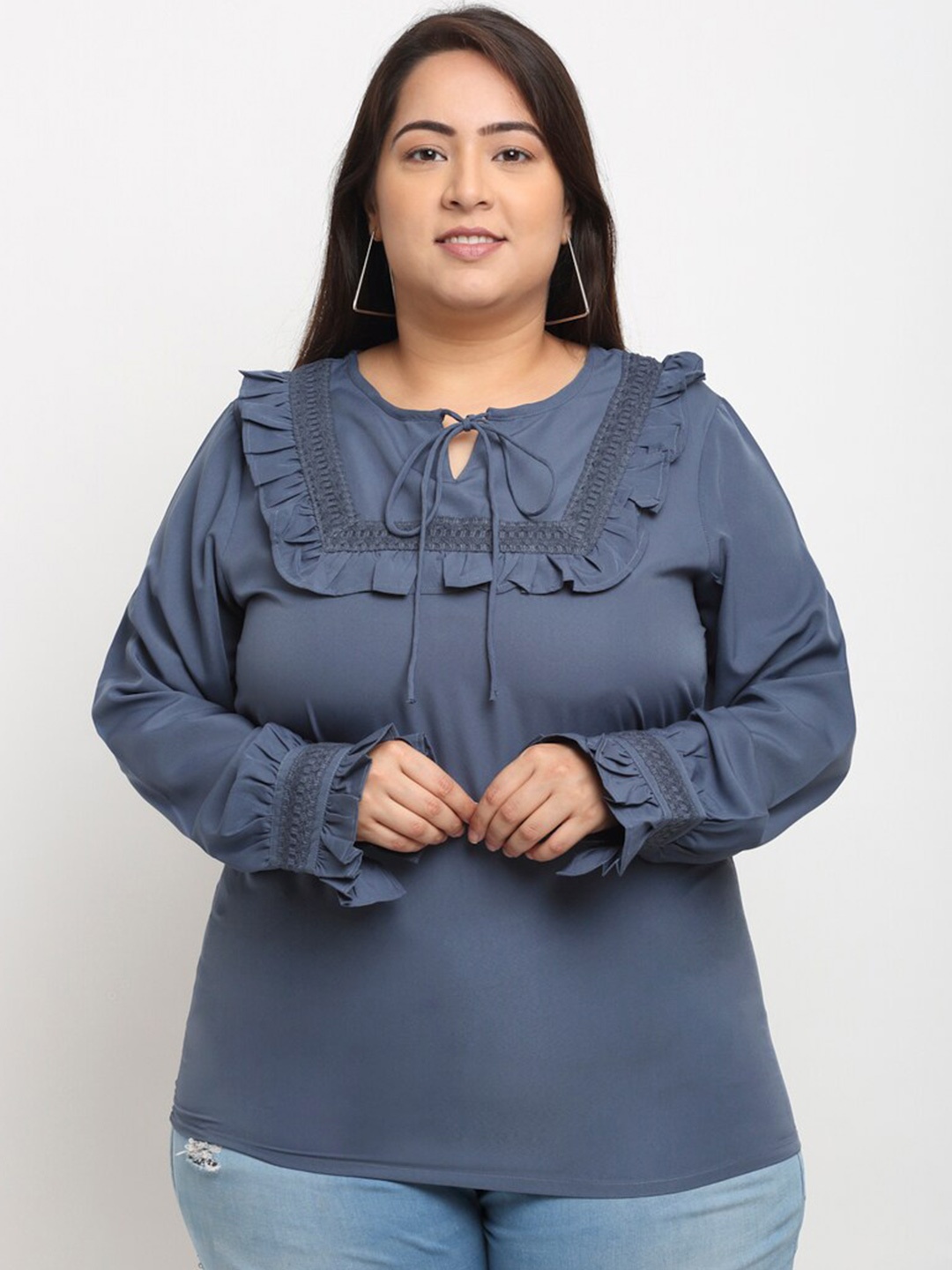 

Flambeur Crepe Tie-Up Neck Cuffed Sleeves Opaque Plus Size Top, Grey