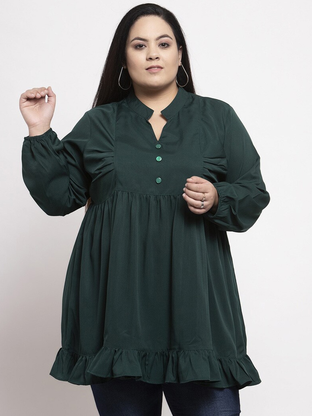 

Flambeur Crepe Mandarin Collar Puff Sleeves Longline Plus Size Top, Green