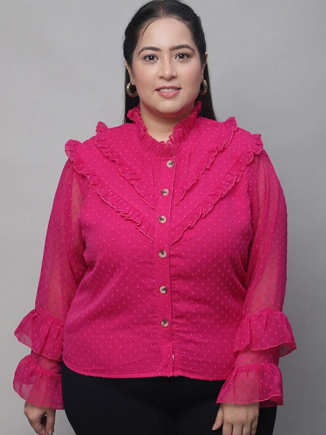 

Flambeur Self Design Georgette High Neck Bell Sleeve Shirt Style Plus Size Top, Pink