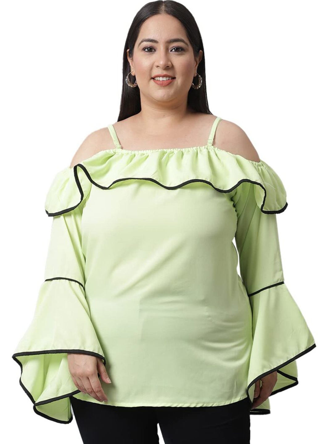 

Flambeur Crepe Shoulder Straps Bell Sleeve Plus Size Top, Green