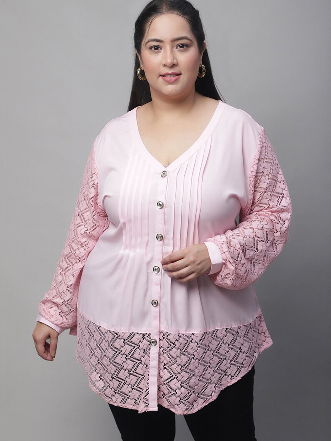

Flambeur Self Design Crepe V-Neck Long Sleeves Plus Size Top, Pink