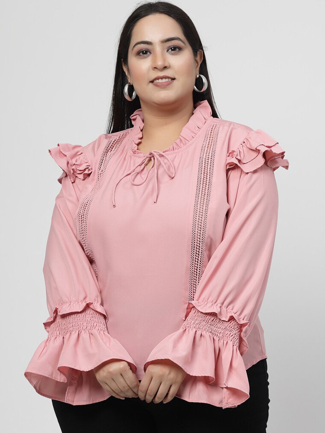

Flambeur Crepe Tie-Up Neck Bell Sleeve Opaque Plus Size Casual Top, Pink