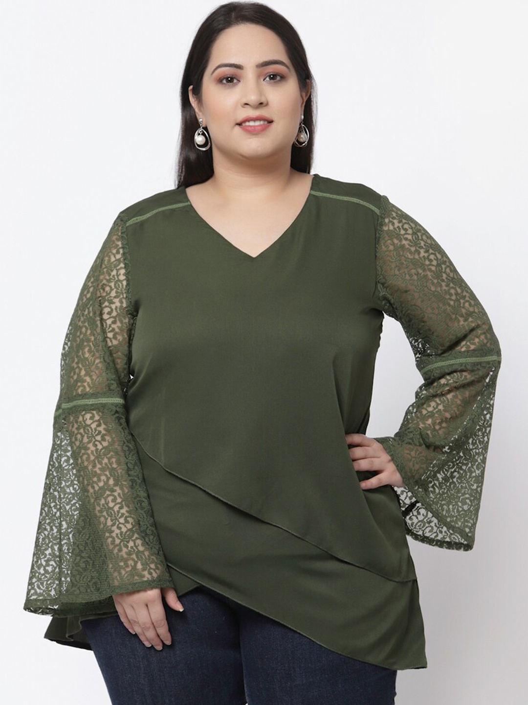 

Flambeur Crepe V-Neck Bell Sleeve Opaque Plus Size Top, Green