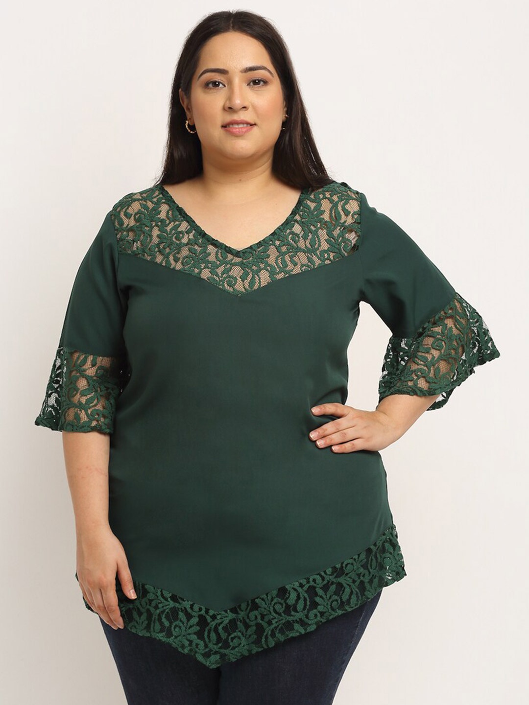 

Flambeur Floral Print Crepe V-Neck Bell Sleeve Opaque Plus Size Top, Green