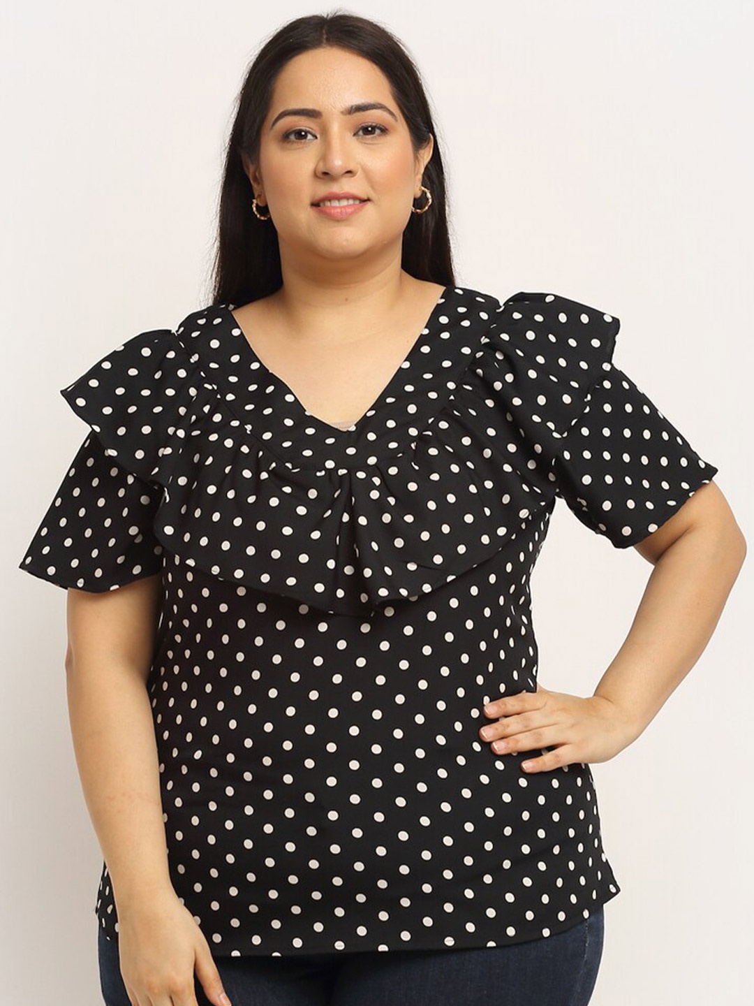 

Flambeur Polka Dot Print Crepe V-Neck Cap Sleeves Plus Size Top, Black