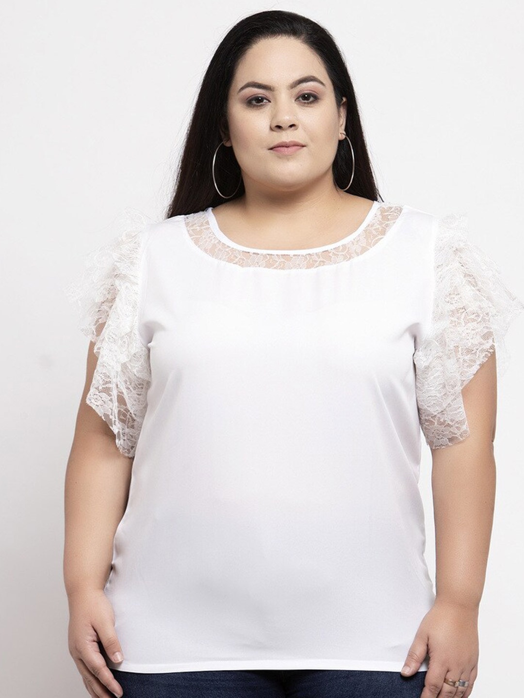 

Flambeur Lace Detail Flutter Sleeve Crepe Top, White