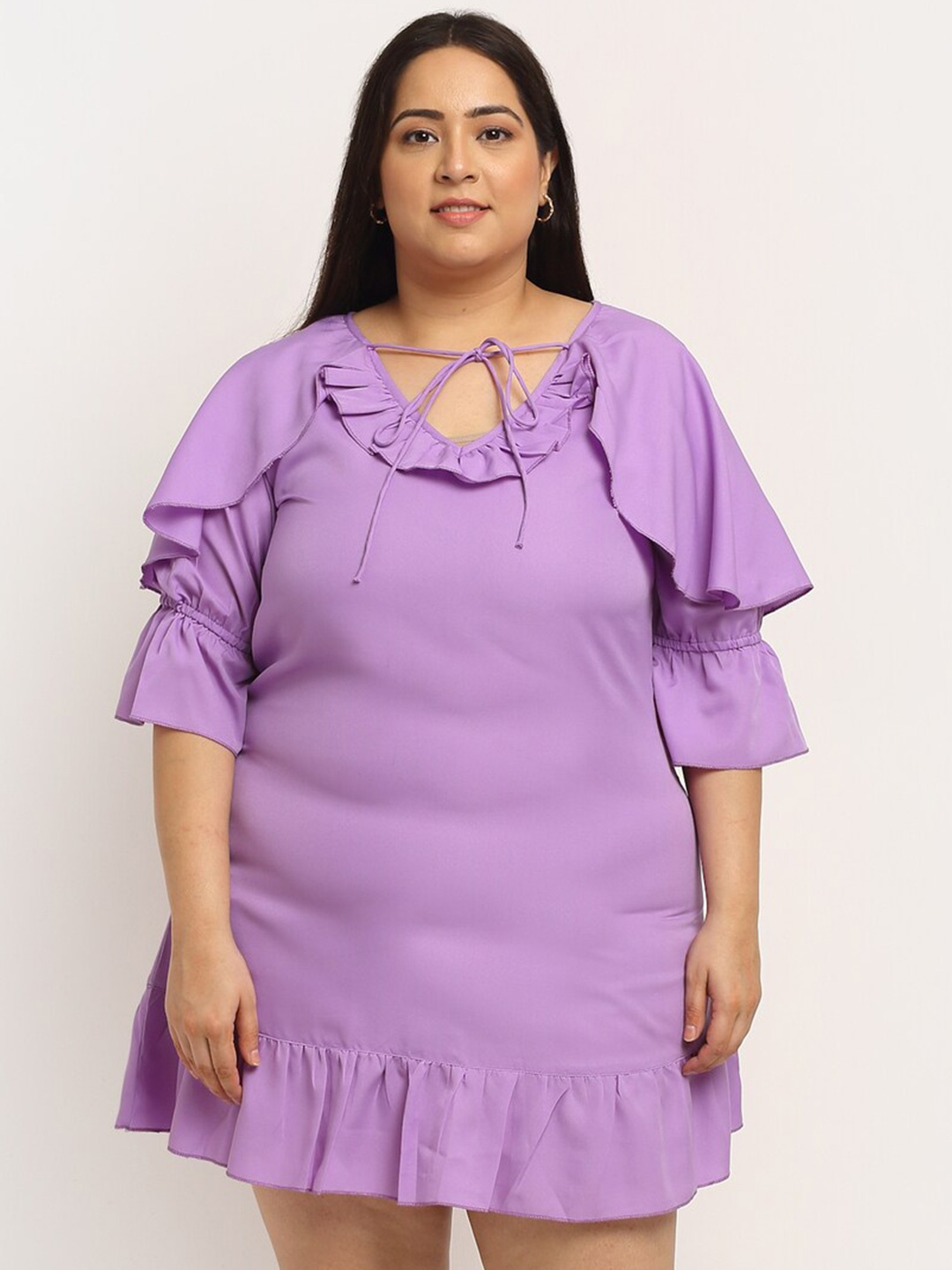 

Flambeur Plus Size Tie-Up Neck Bell Sleeves Crepe Drop-Waist Dress, Purple