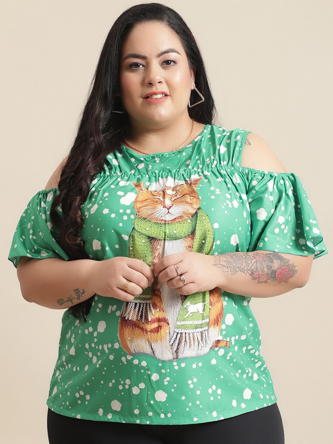 

Flambeur Graphic Printed Cold-Shoulder Crepe Top, Green