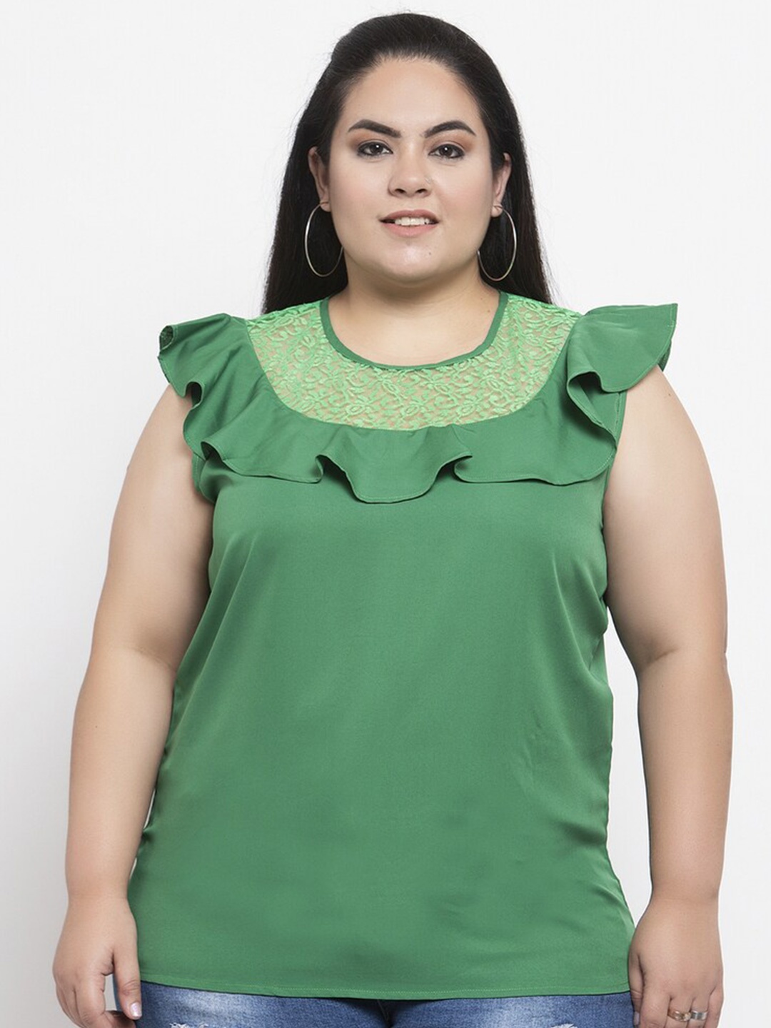 

Flambeur Lace Insert Flutter Sleeves Crepe Top, Green