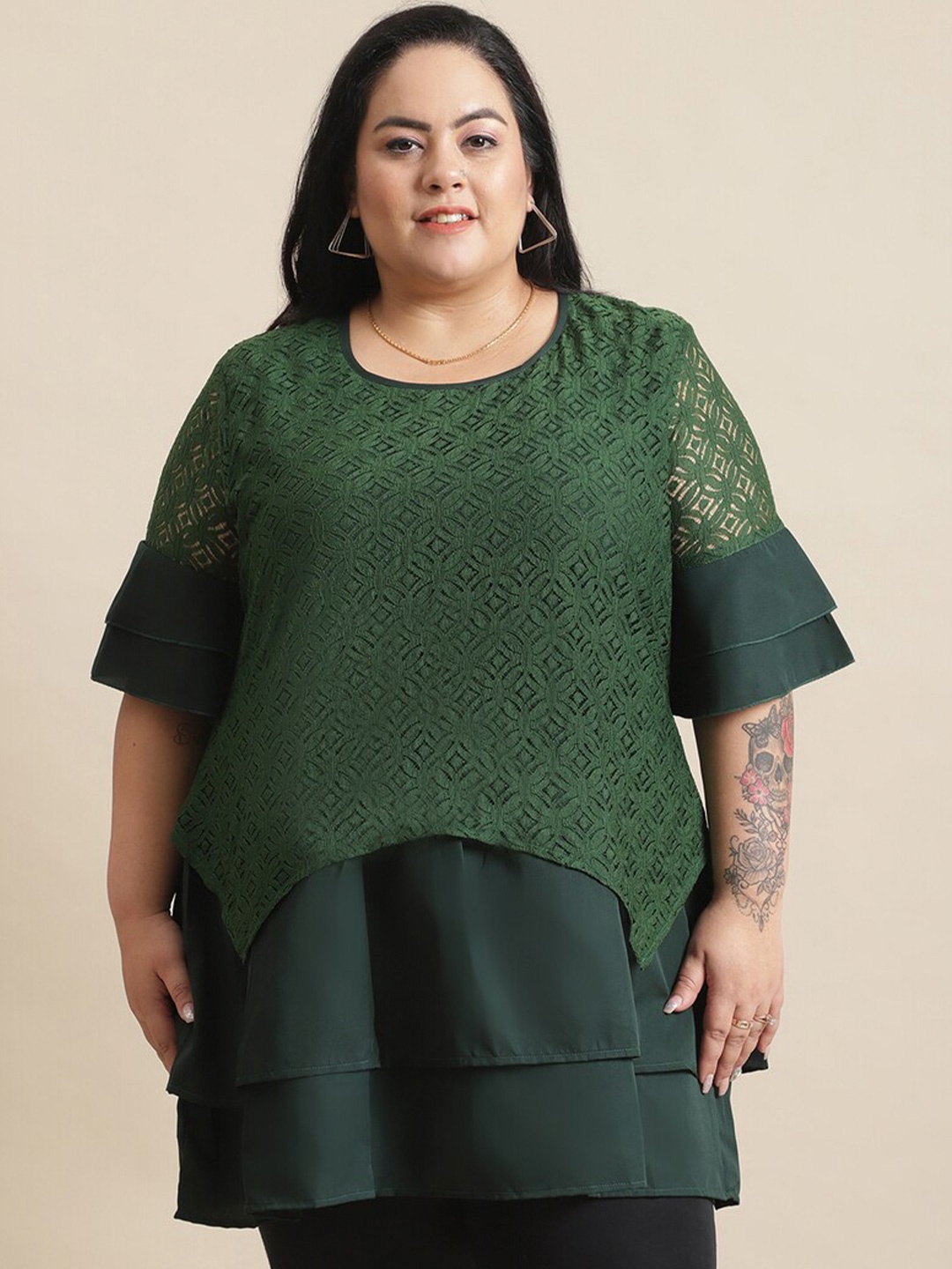 

Flambeur Self Design Bell Sleeve Crepe Top, Green
