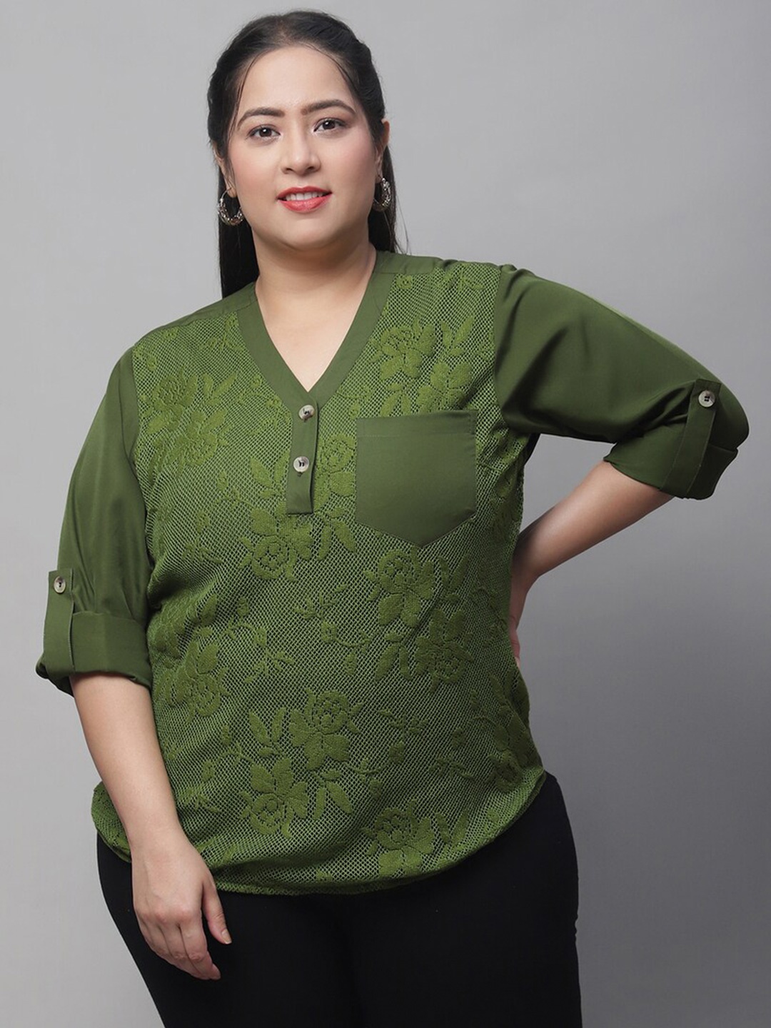 

Flambeur Plus Size Self Design Roll-Up Sleeves Net Top, Green