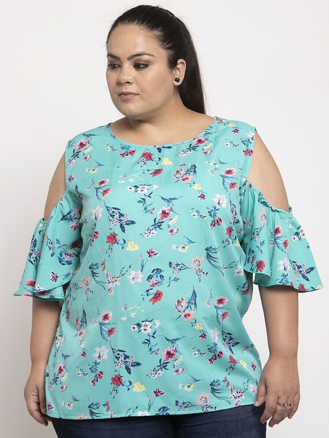 

Flambeur Plus Size Floral Print Cold-Shoulders Crepe Top, Blue