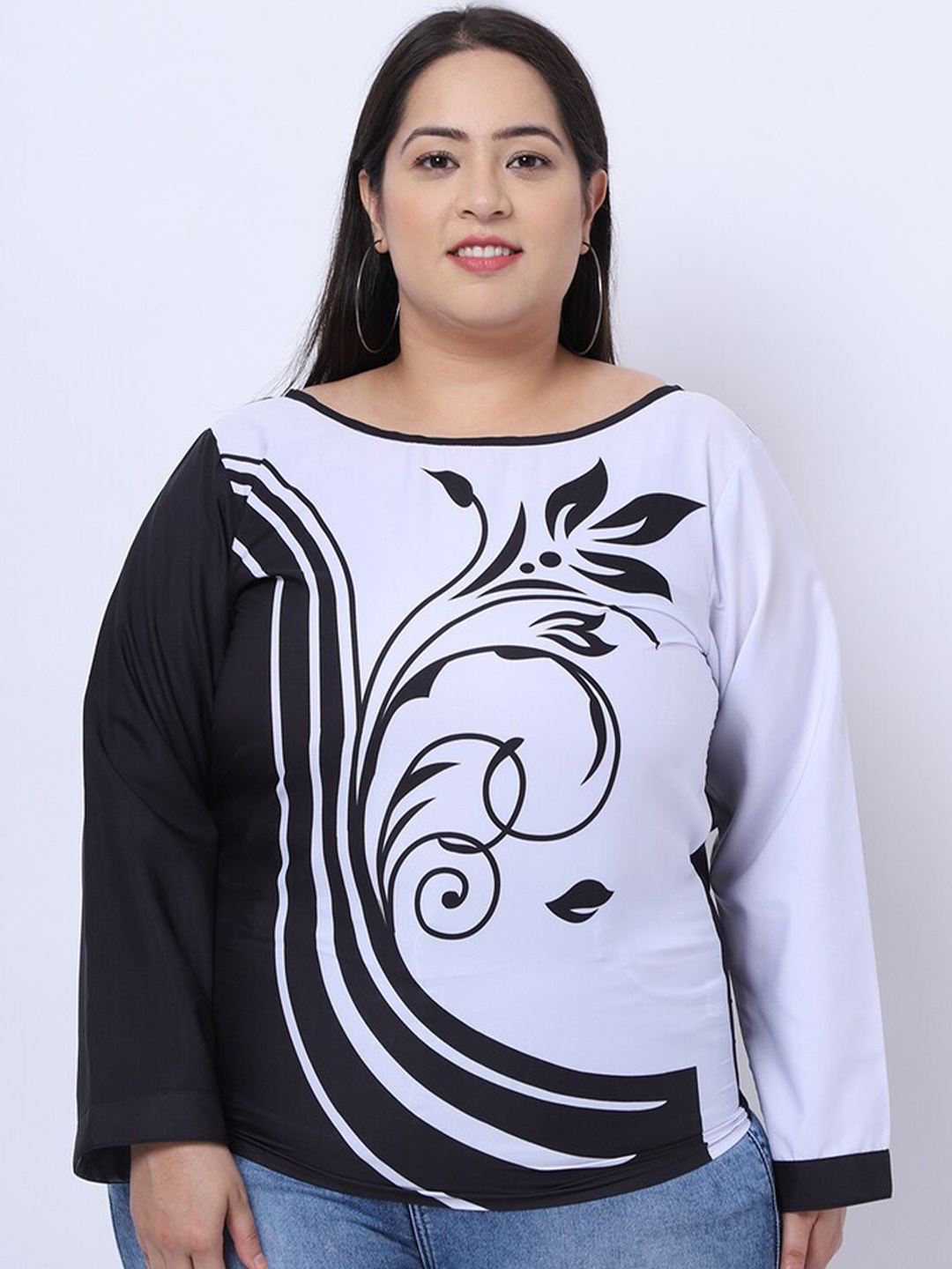 

Flambeur Plus Size Floral Print Round Neck Crepe Top, White