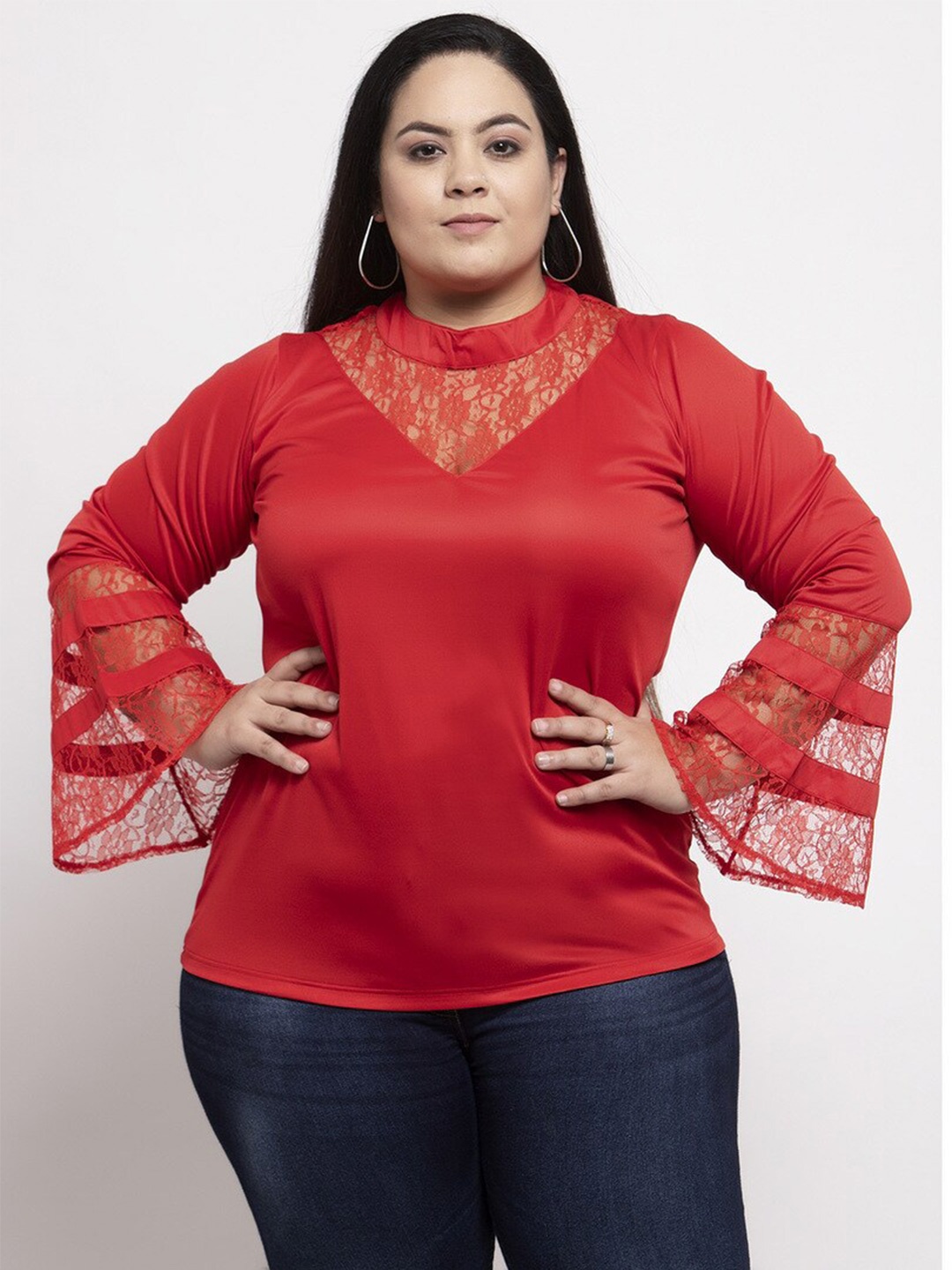 

Flambeur Plus Size High Neck Bell Sleeves Lace Top, Red