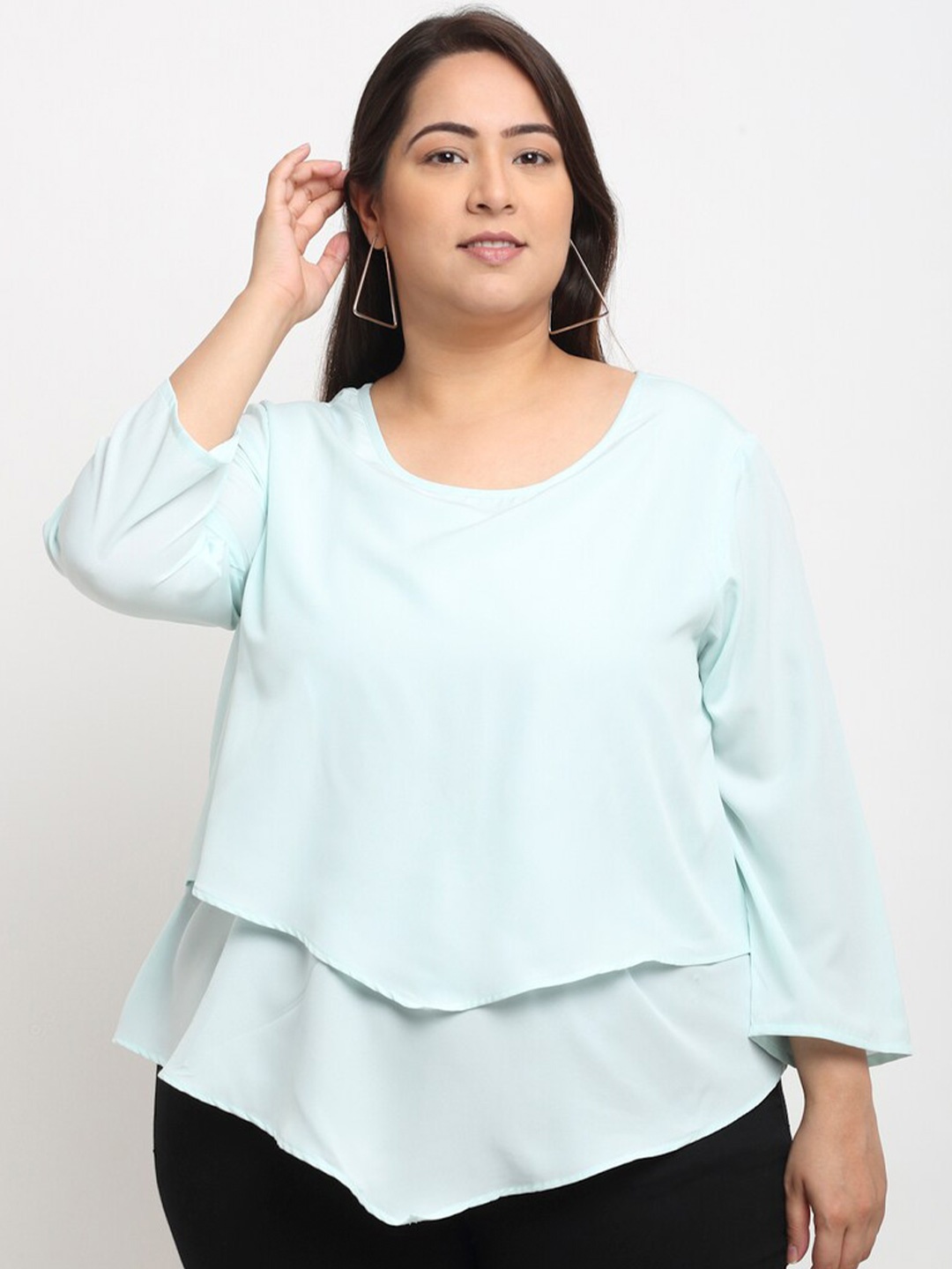 

Flambeur Plus Size Layered Round Neck Crepe A-Line Top, Blue