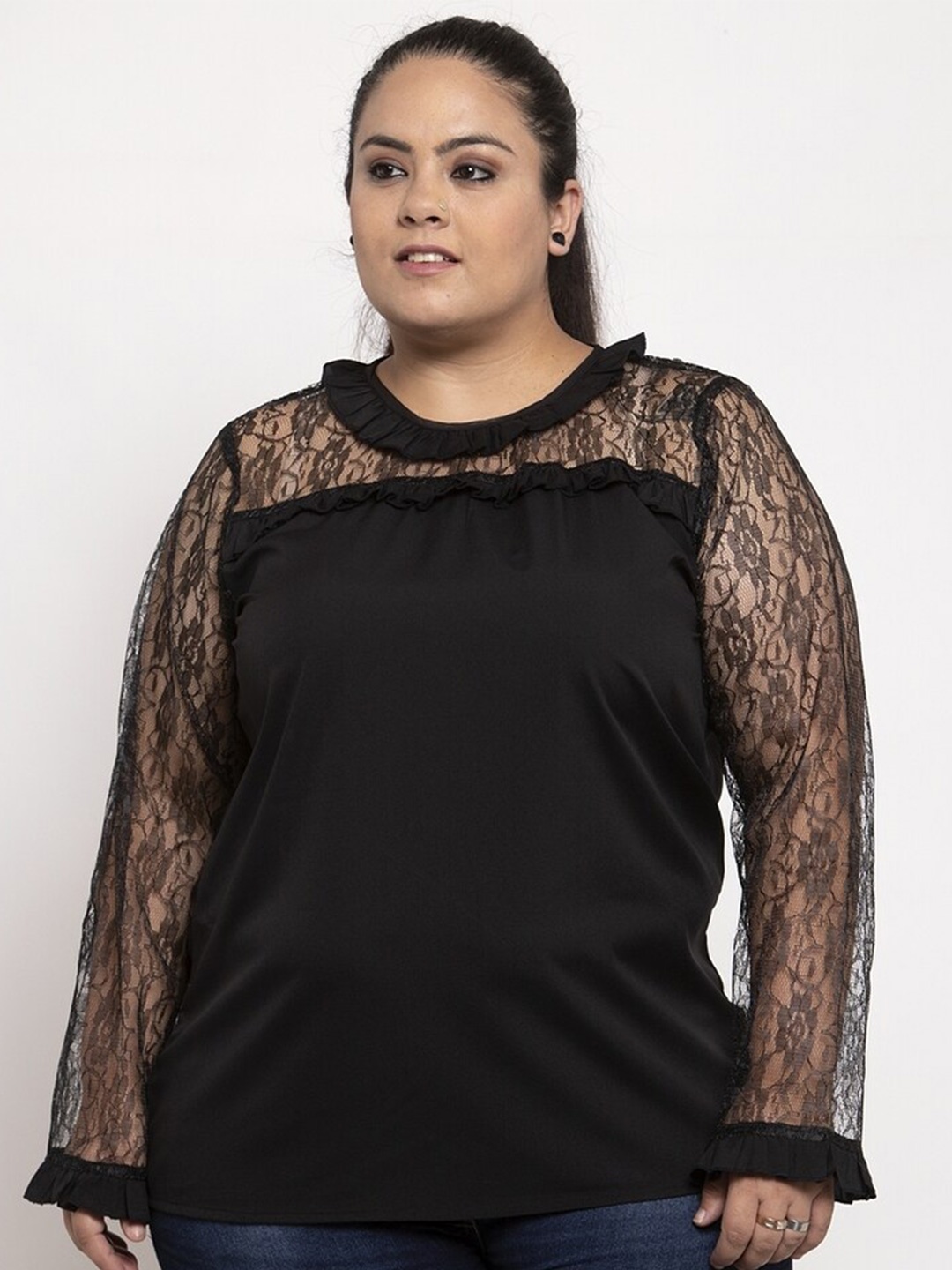 

Flambeur Plus Size Round Neck Lace Inserts Crepe Top, Black