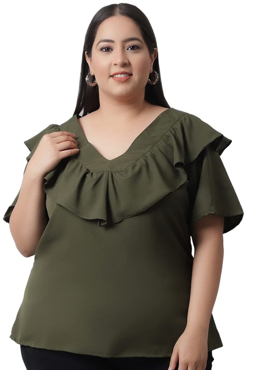

Flambeur Plus Size V-Neck Ruffled Crepe Regular Top, Green