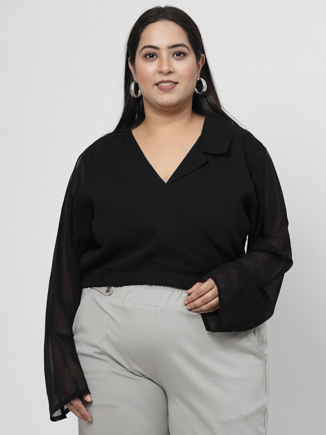 

Flambeur Plus Size Cuban Collar Puff Sleeves Georgette Regular Top, Black
