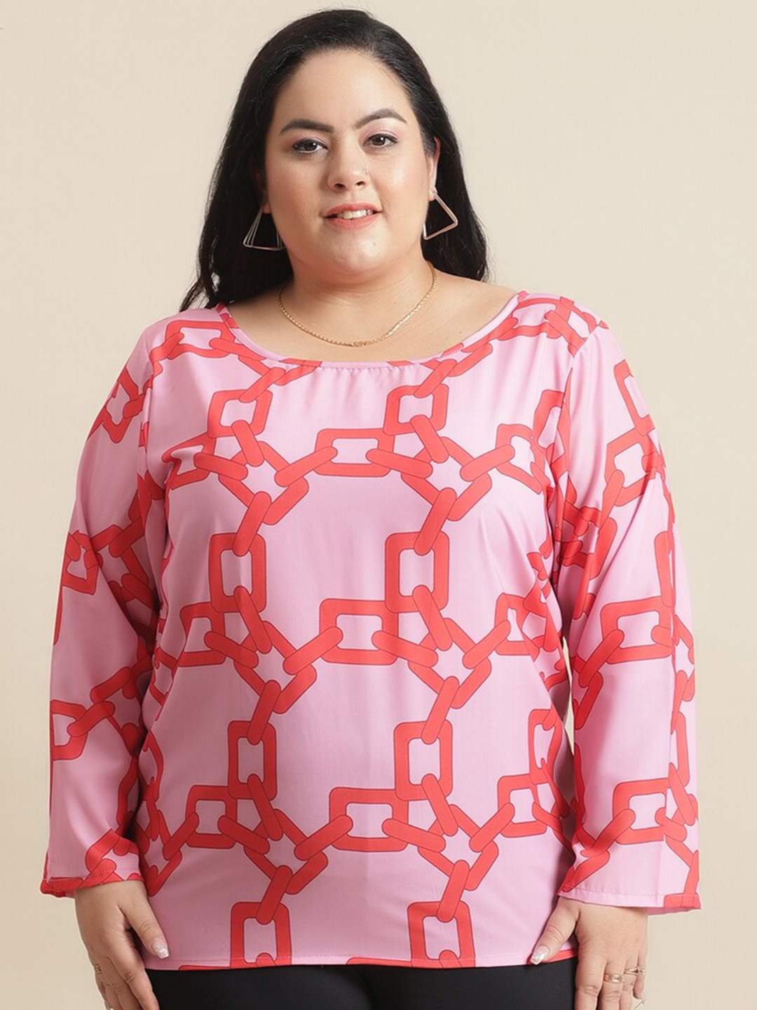 

Flambeur Geometric Printed Crepe Top, Pink