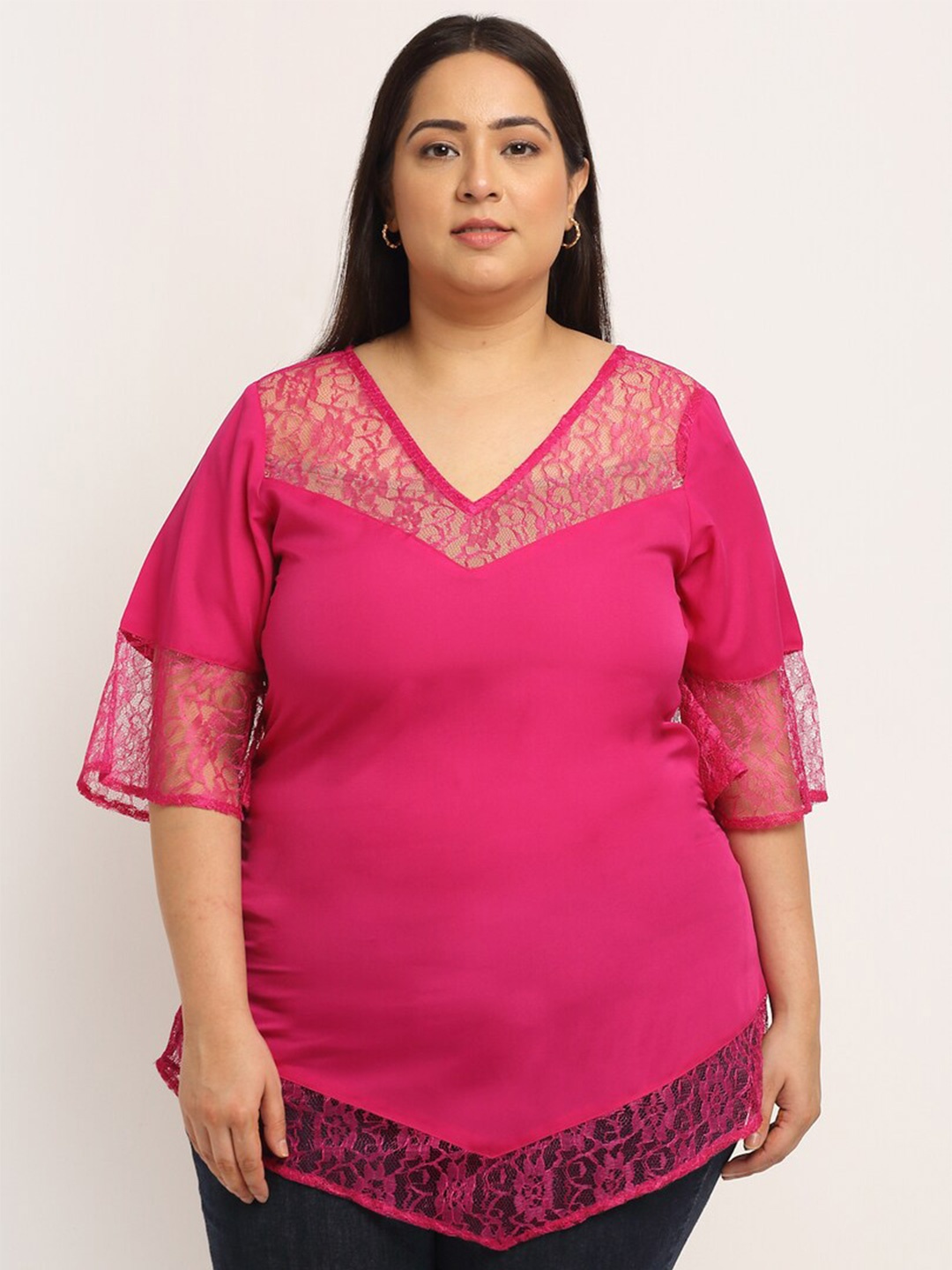 

Flambeur Self Design Lace Insert Crepe Top, Pink