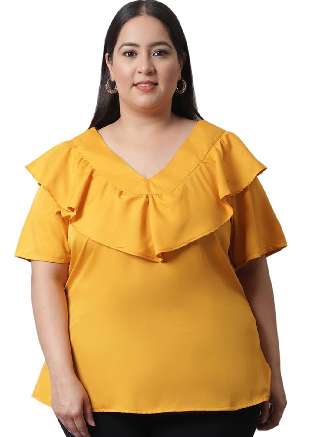 

Flambeur Plus Size V-Neck Ruffled Crepe Top, Mustard