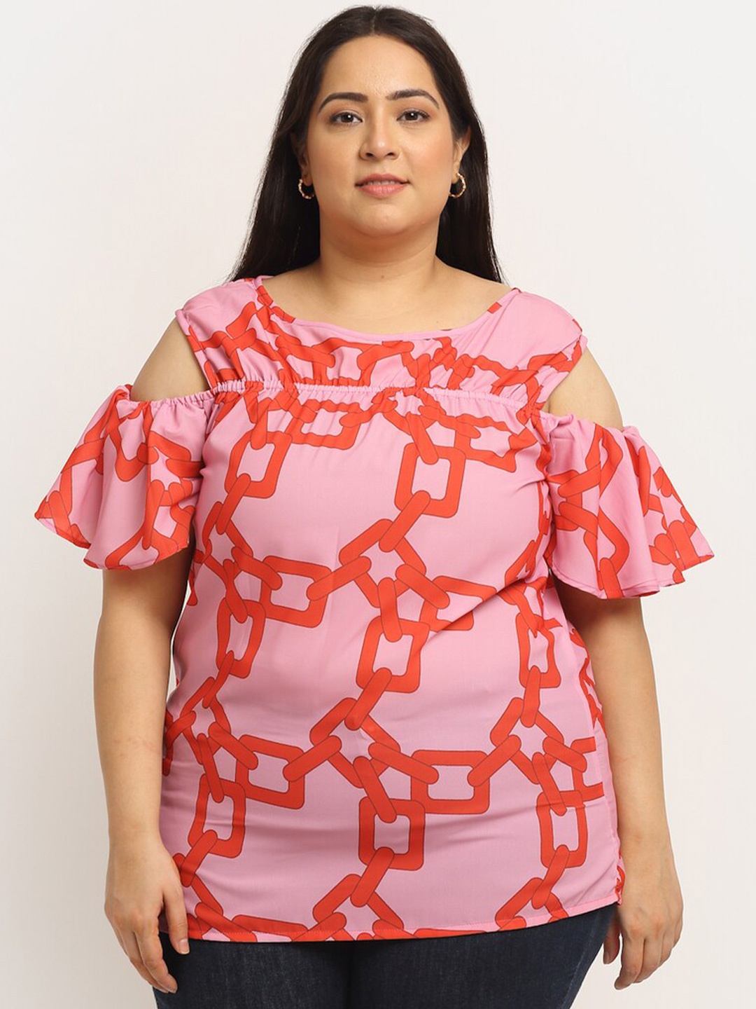 

Flambeur Plus Size V-Neck Cold-Shoulder Sleeves Cut Out Crepe Top, Pink