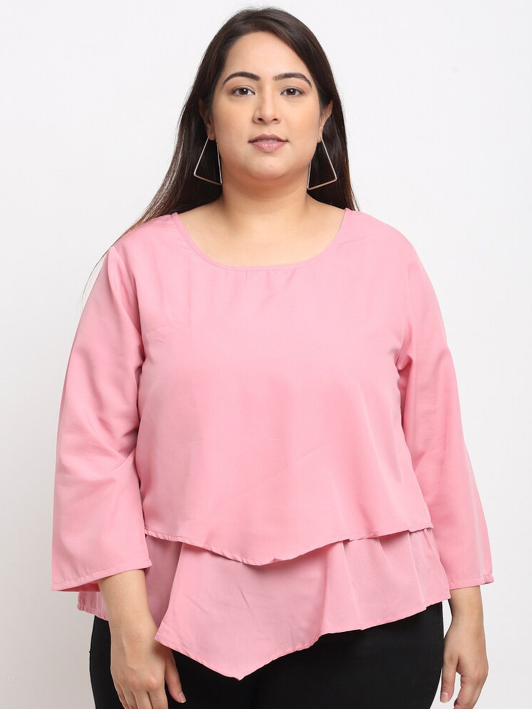

Flambeur Plus Size Round Neck Crepe Layered Top, Pink