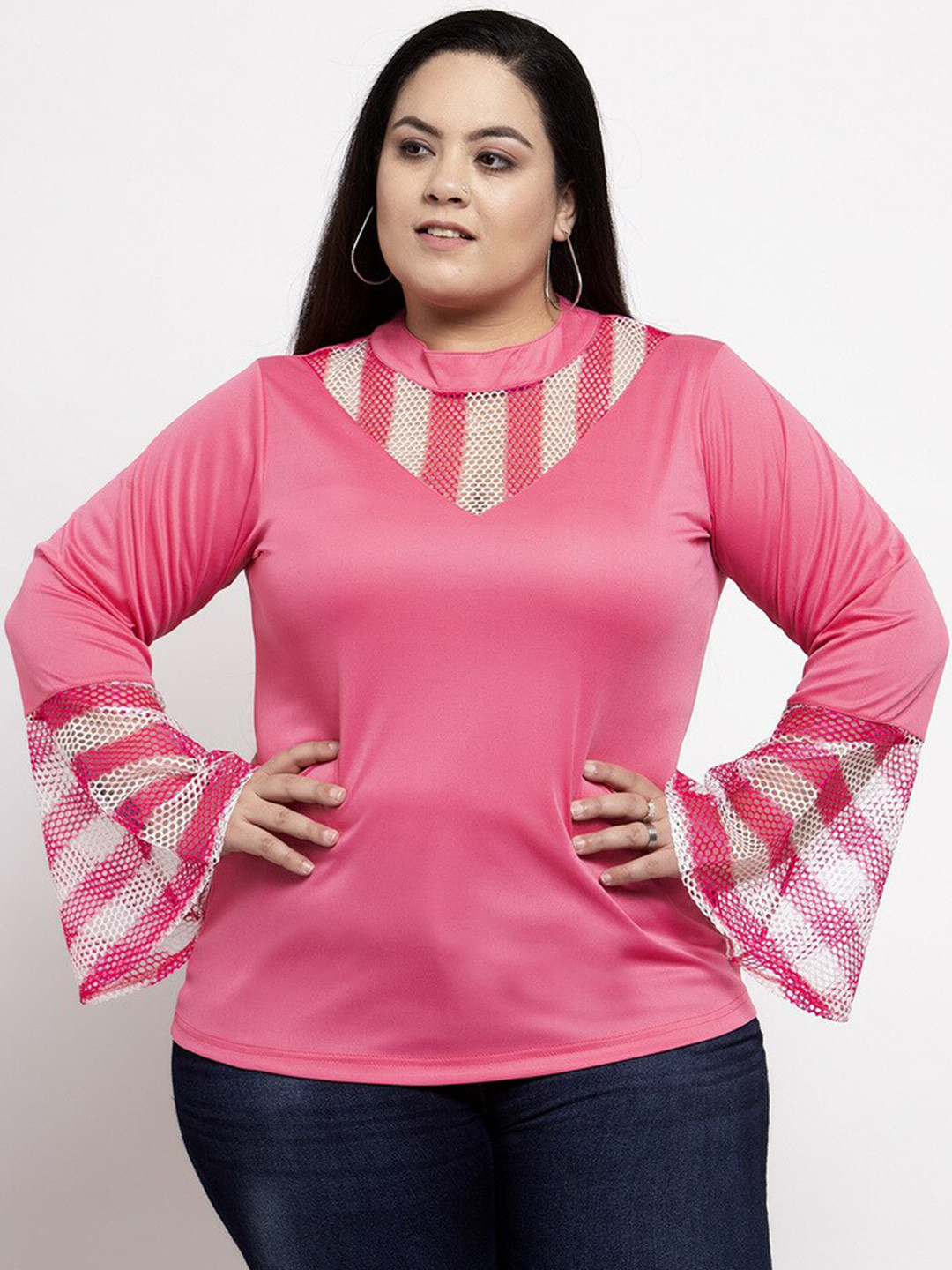 

Flambeur Plus Size Bell Sleeve Cut Out Top, Pink