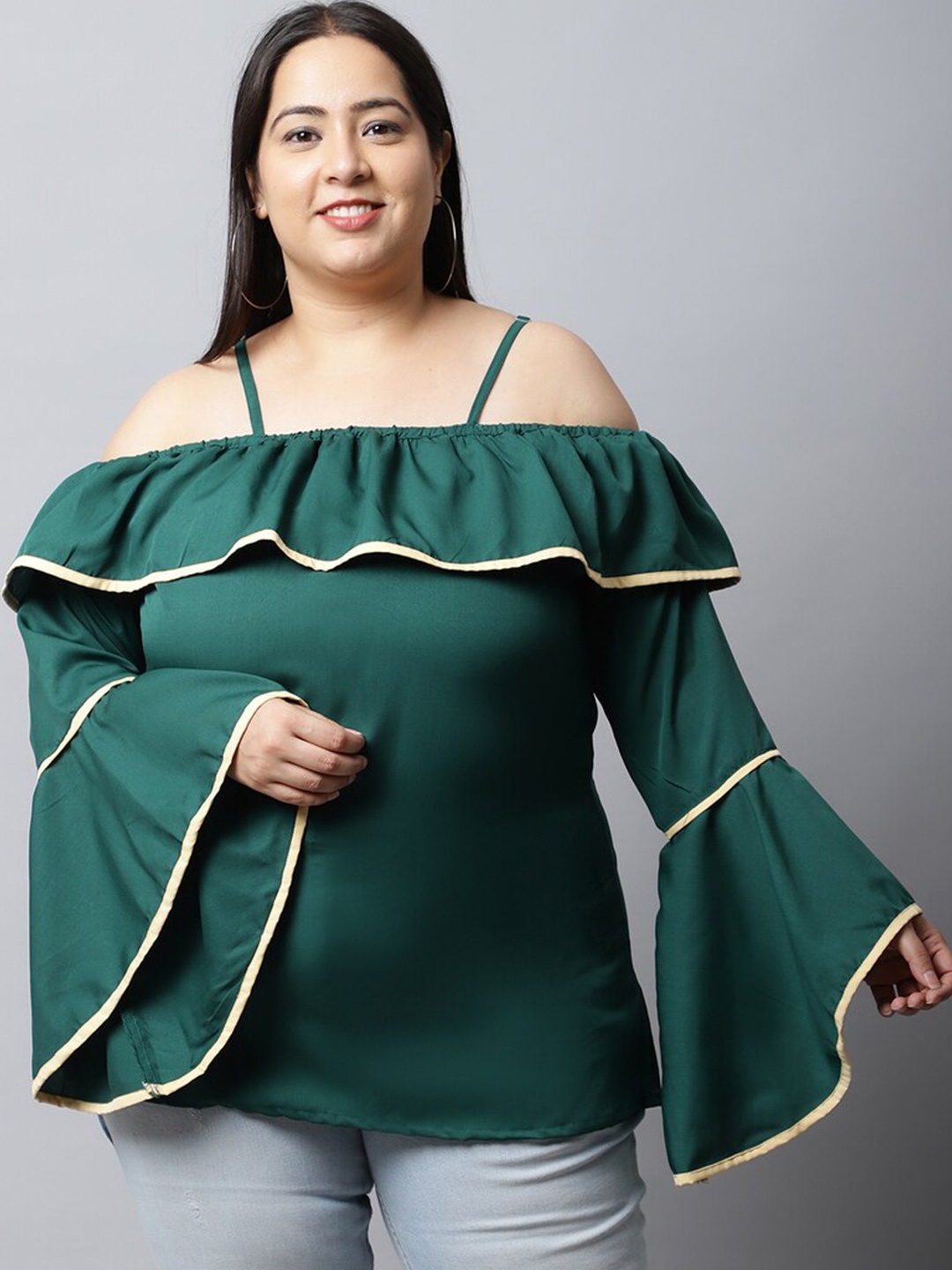

Flambeur Flared Sleeve Shoulder Straps Knitted Bardot Top, Green