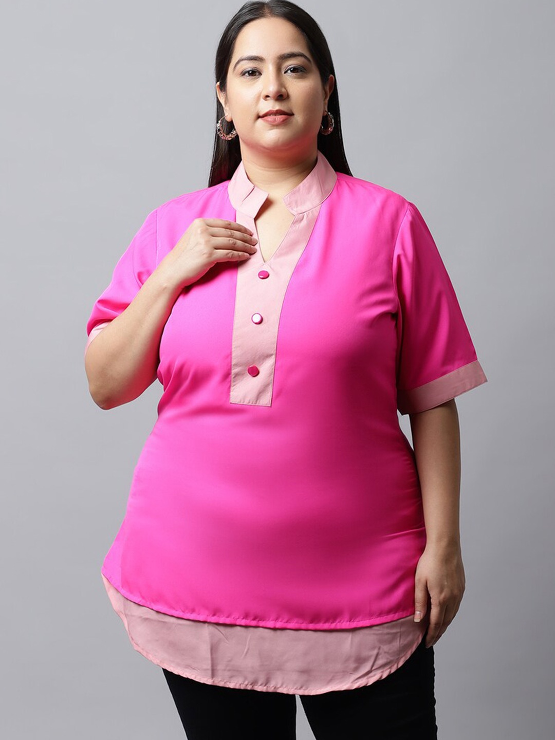 

Flambeur Mandarin Collar Knitted Shirt Style Top, Pink