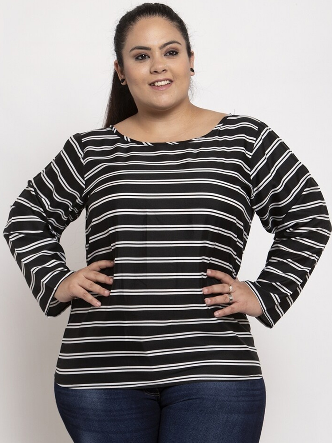 

Flambeur Striped Round Neck Knitted Top, Black