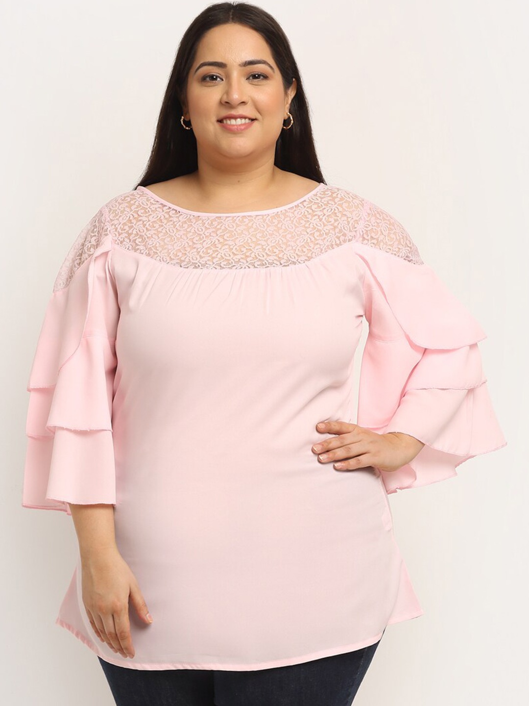 

Flambeur Plus Size Flared Sleeve Crepe Layered Top, Pink