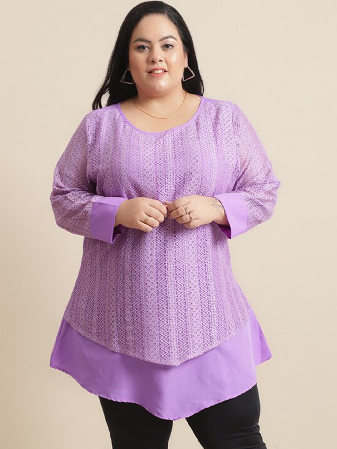 

Flambeur Plus Size Self Design Crepe Longline Top, Purple